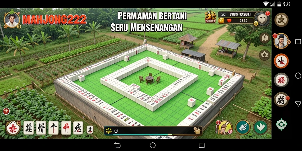 Tangkapan layar utama gameplay MAHJONG222 dengan suasana bertani yang ceria.