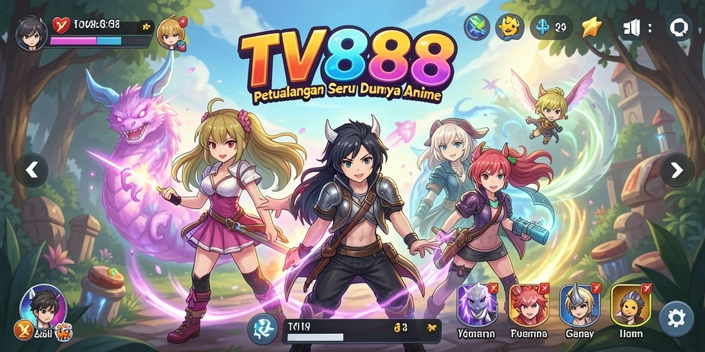 Screenshot utama TV888 menunjukkan aksi karakter anime yang mendebarkan.